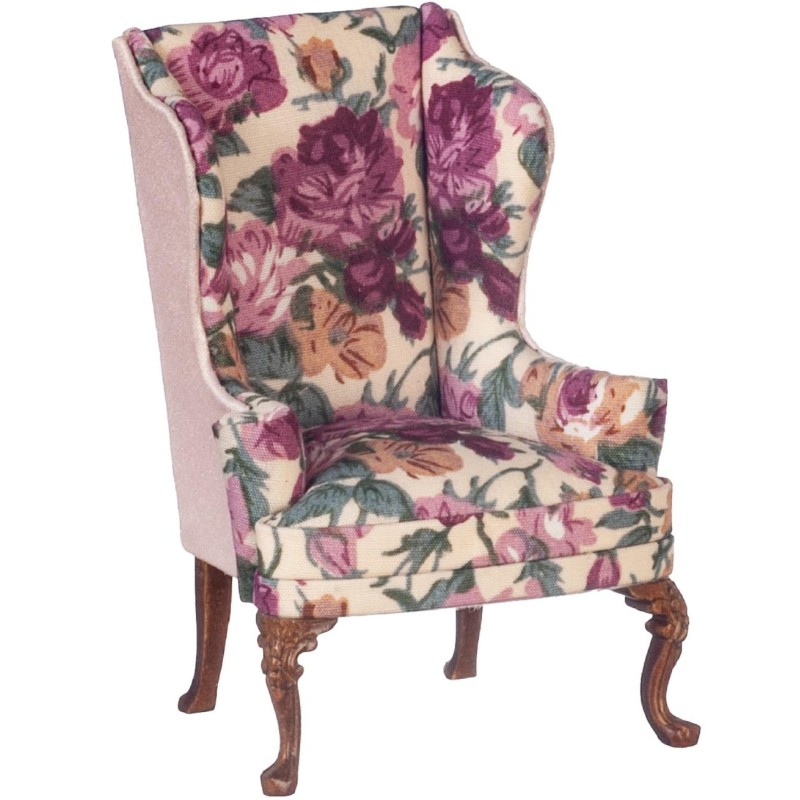 Dolls House Wing Back Armchair Purple Floral JBM Walnut Living Room Furniture