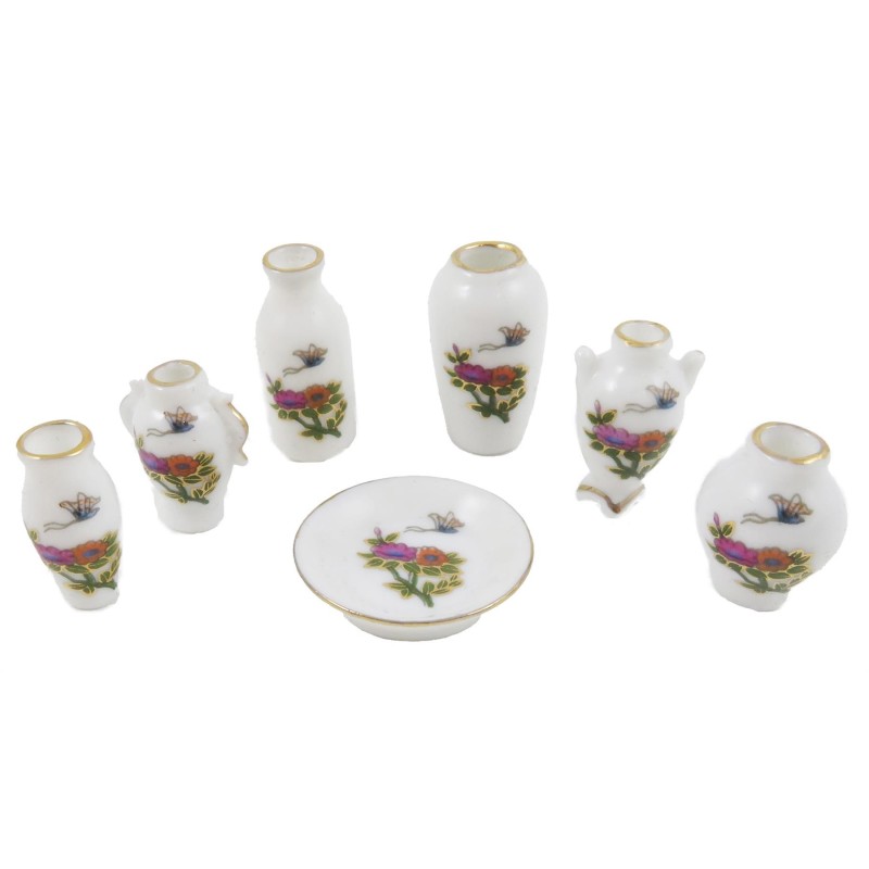 Dolls House White Vase & Plate Ornament Set Floral Design Miniature Accessory