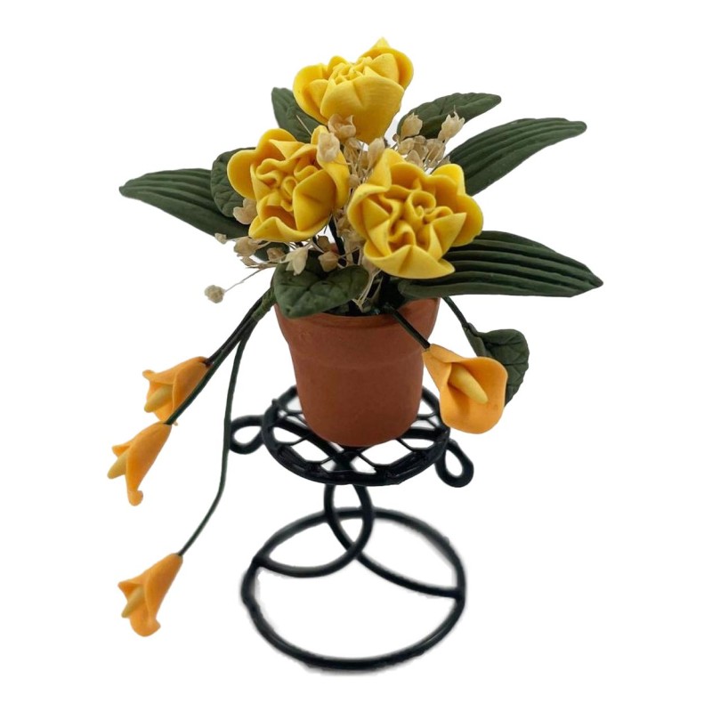 Dolls House Yellow Flowers in Terracotta Pot on Plant Stand 1:12 Garden Accessory