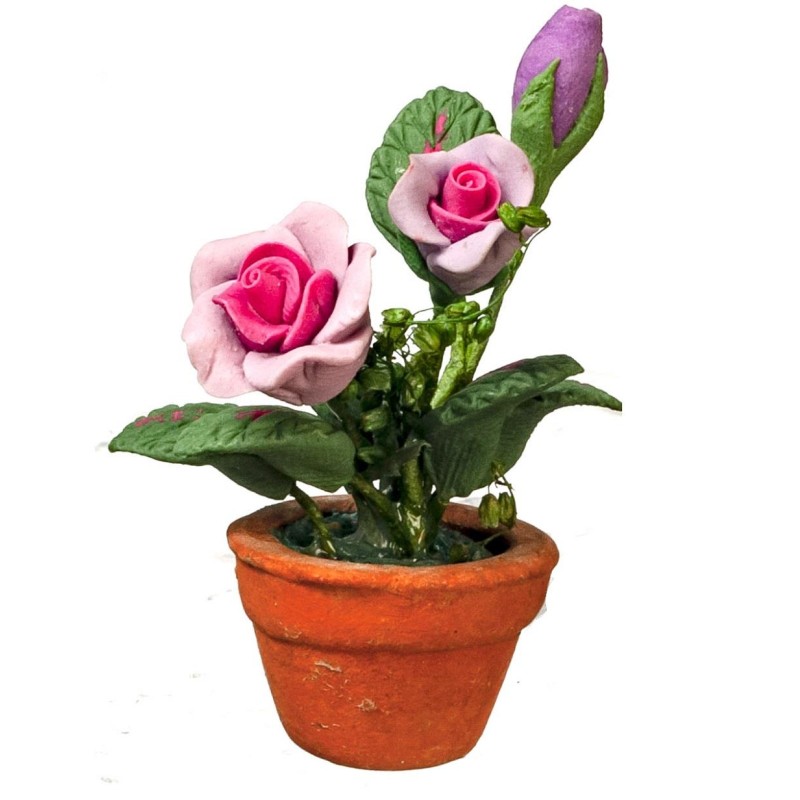 Dolls House Violet Pink Roses in Terracotta Pot Floral Ornament Garden Accessory