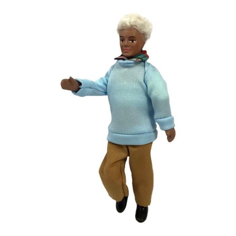 Dolls House Grandfather in Blue Sweater Modern Elderly Man 1:12 Porcelain Figure