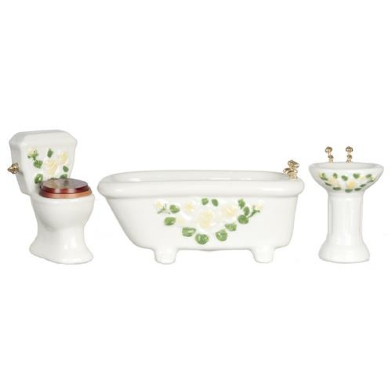 Dolls House Bathroom Furniture Set Suite White with Yellow Flower Design 1:12