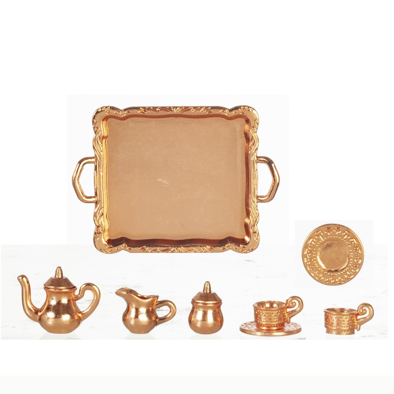 Dolls House Copper Tea Coffee Serving Set on Tray Dining Sitting Room Accessory