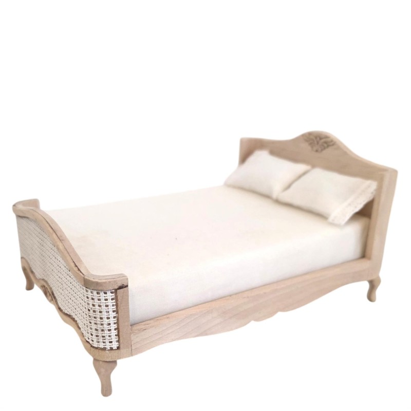 Dolls House Double Bed Unfinished Bare Wood Rattan Footboard French Style Dolls House Double Bed Unfinished Bare Wood Rattan Footboard French Style