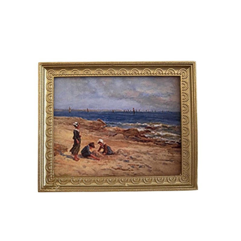 Dolls House Children on the Beach Picture in Gold Frame Miniature Accessory 1:12