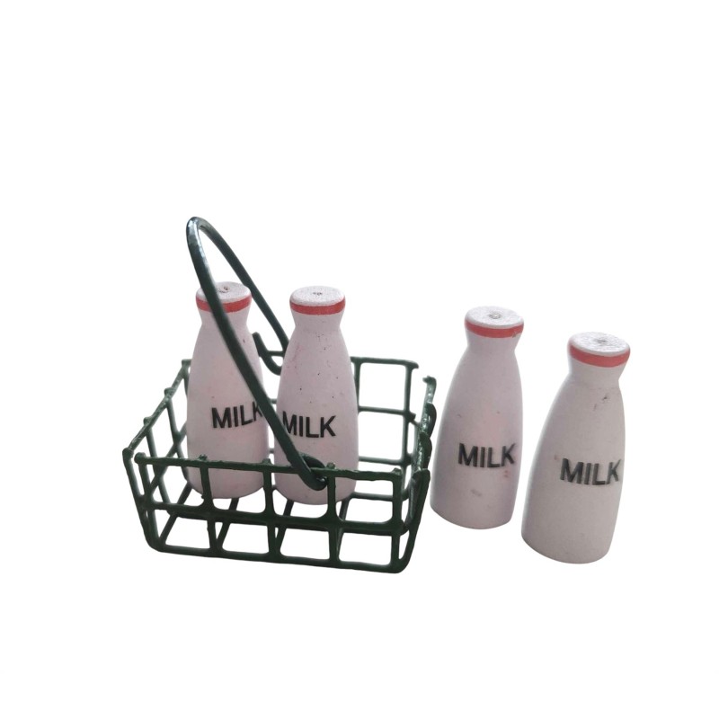 Dolls House 4 Bottles of Milk & Shopping Basket Miniature Shop Store Accessory