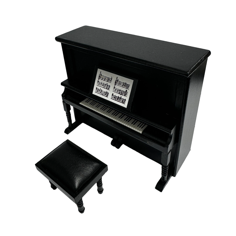 Dolls House Black Upright Piano and Bench Miniature Music Room Furniture