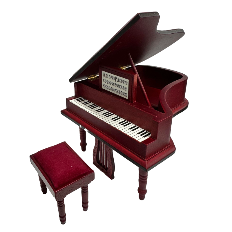 Dolls House Mahogany Baby Grand Piano & Bench Miniature Music Room Furniture