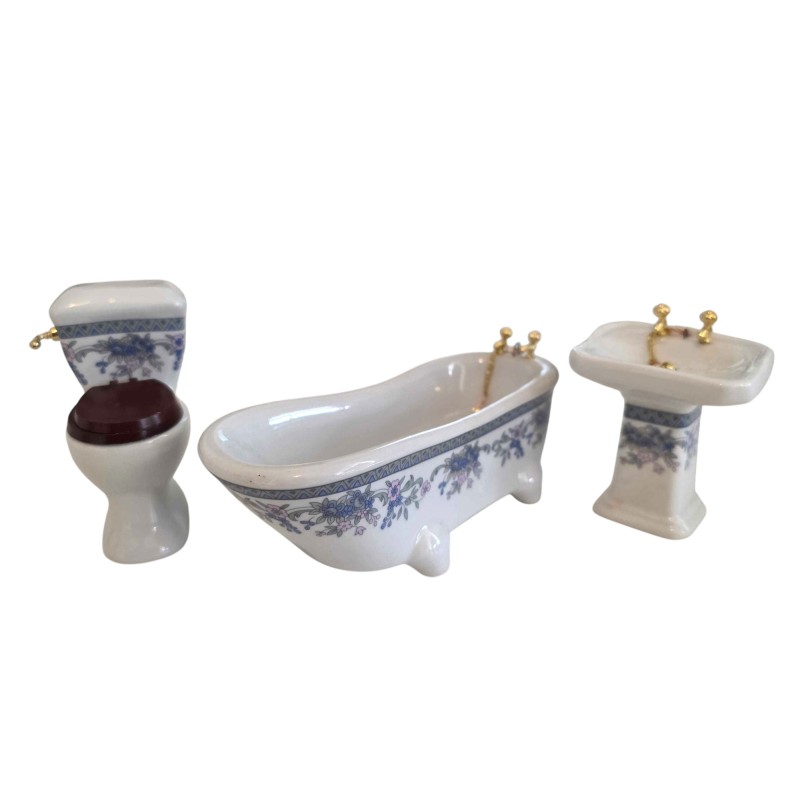 Dolls House Blue Floral Bathroom Suite Porcelain Miniature Furniture Set 1:12