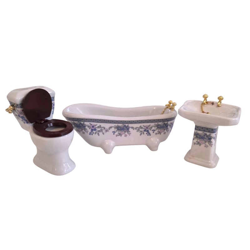 Dolls House Blue Floral Bathroom Suite Porcelain Miniature Furniture Set 1:12