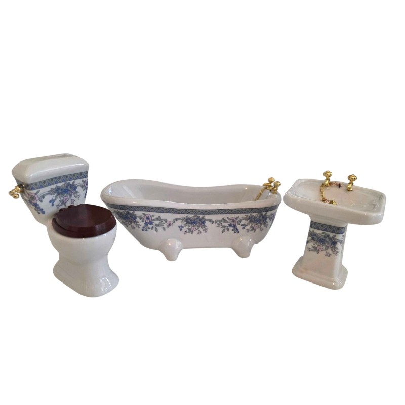 Dolls House Blue Floral Bathroom Suite Porcelain Miniature Furniture Set 1:12