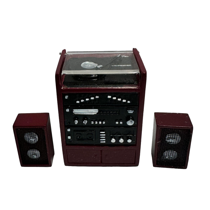 Dolls House Stereo Record Player Stack & Speakers in Cabinet Mahogany Furniture
