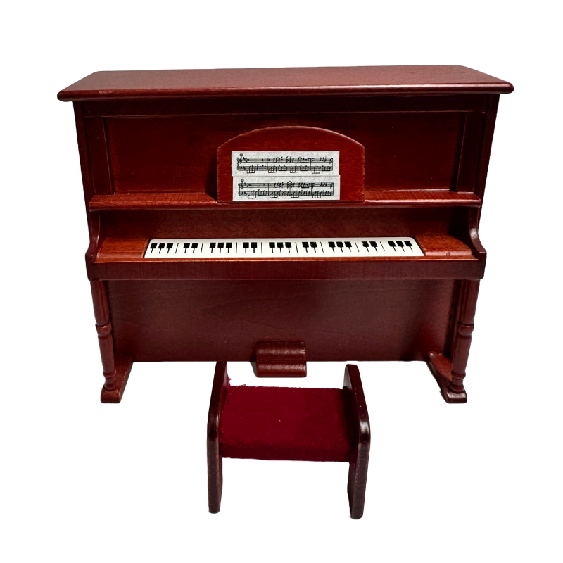 Dolls House Miniature Music Room Furniture Walnut Wooden Upright Piano and Bench