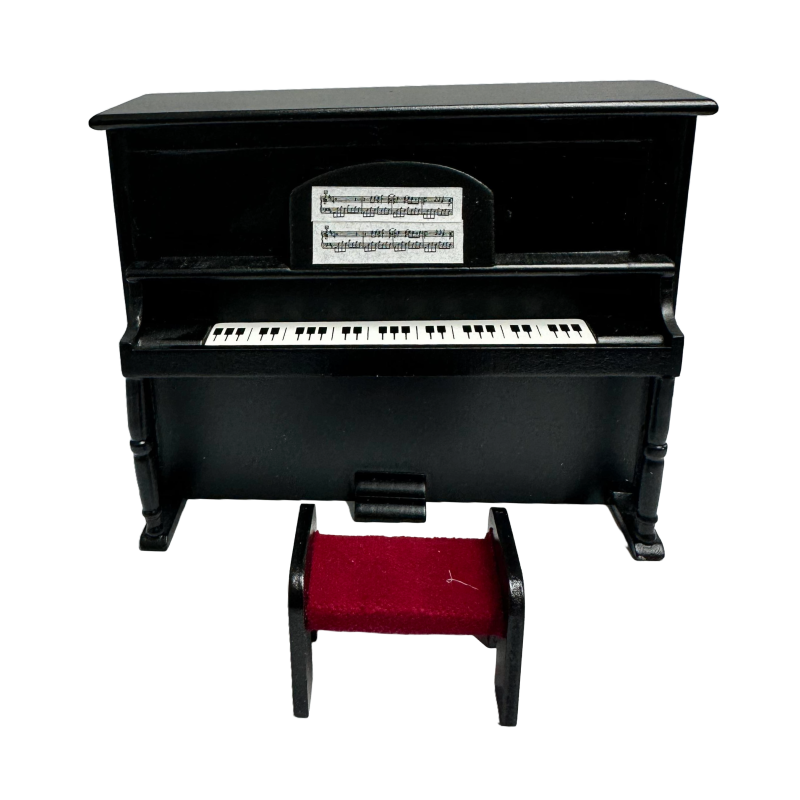 Dolls House Black Upright Piano & Bench Music Room Furniture
