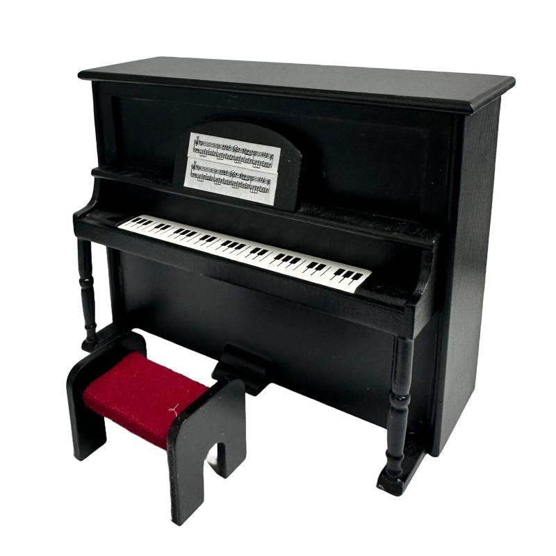 Dolls House Black Upright Piano & Bench Music Room Furniture