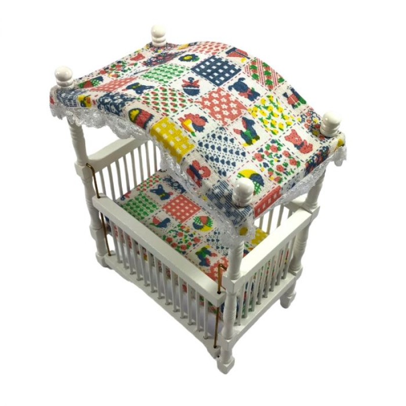 Dolls House Patchwork Canopy Cot Crib Miniature White Nursery Baby Furniture