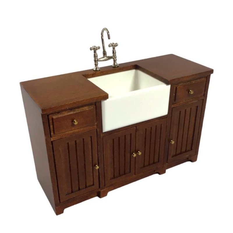 Dolls House Walnut Unit with Belfast Sink JBM Miniature Kitchen Furniture