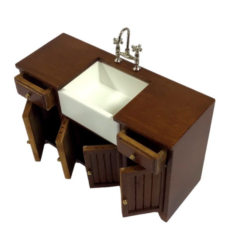 Dolls House Walnut Unit with Belfast Sink JBM Miniature Kitchen Furniture