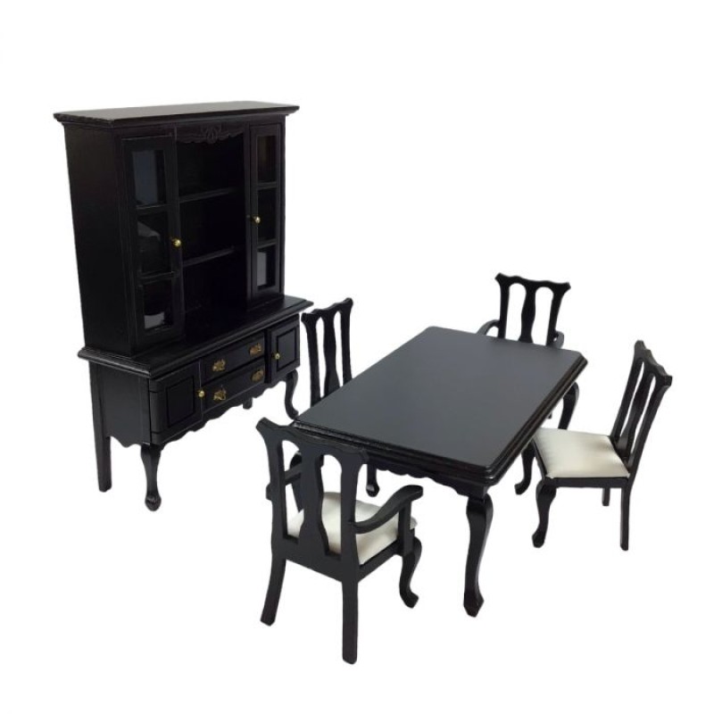 Dolls House Dining Room Furniture Set Black Miniature Queen Ann Suite 1:12 Scale