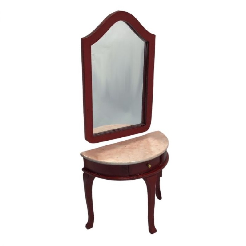 Dolls House Half Moon Demi Table & Mirror Mahogany Marble Top Hall Furniture