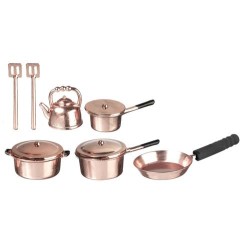 Dolls House Copper Saucepan Set, Utensils & Kettle Kitchen Cookware Accessory