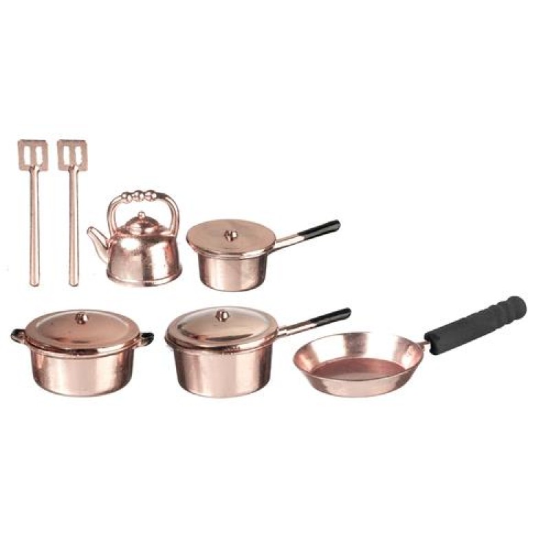 Dolls House Copper Saucepan Set, Utensils & Kettle Kitchen Cookware Accessory