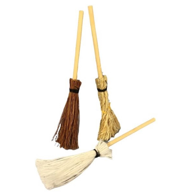 Dolls House 3 Traditional Witches Besom Broom Stick Cleaning Kitchen Accessory