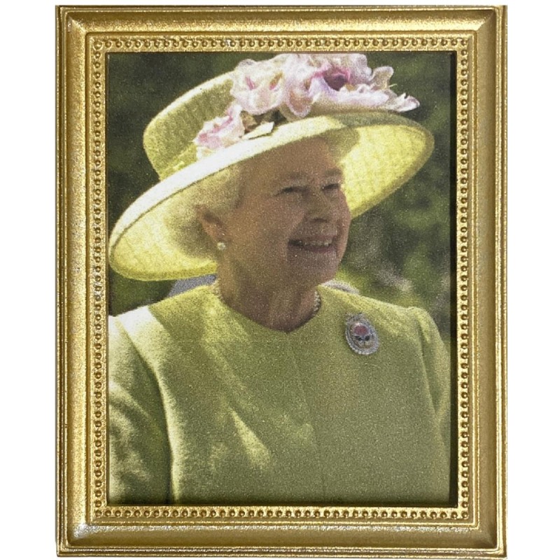 Dolls House Queen Elizabeth II in Yellow Hat 1:12 Portrait Pictures Gold Frame