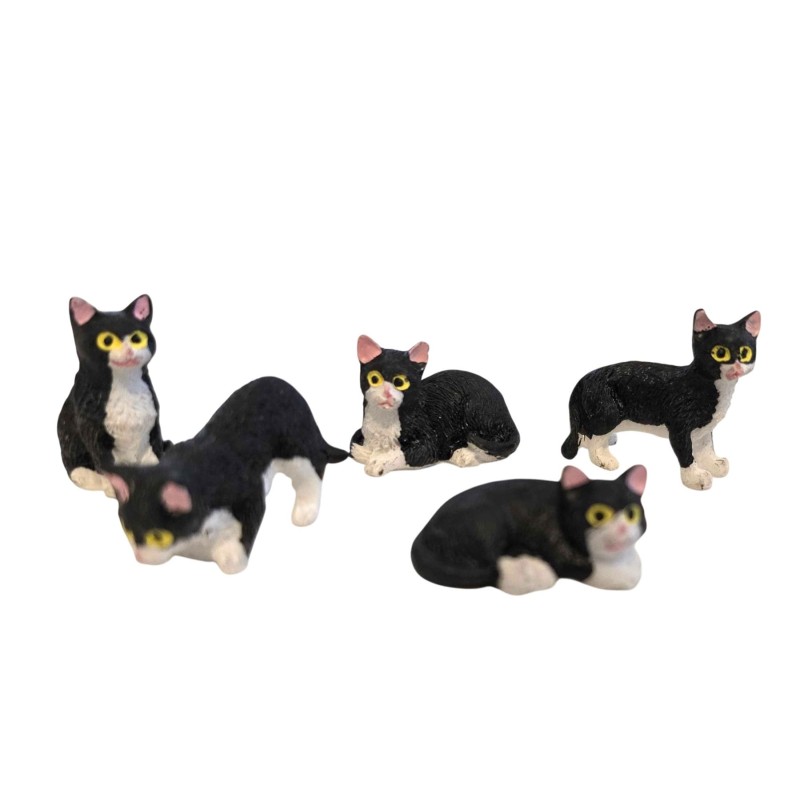 Dolls House 5 Black & White Cats Sitting Standing Lying 1:12 Scale Pets Dolls House 5 Black & White Cats Sitting Standing Lying 1:12 Scale Pets