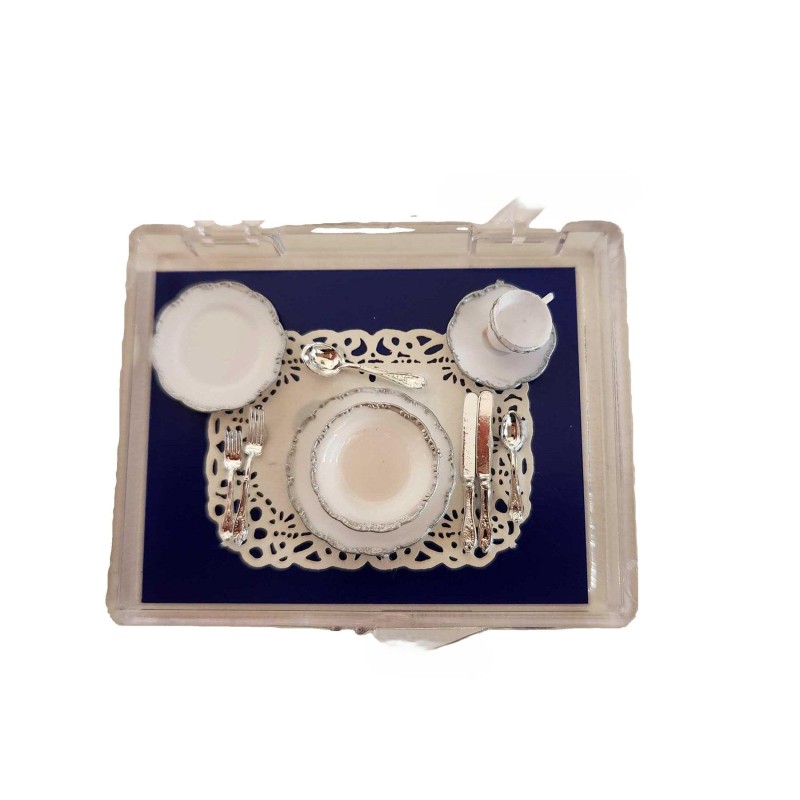 Dolls House Place Setting Chrysnbon Tableware Set Silver Trim Miniature 1:12