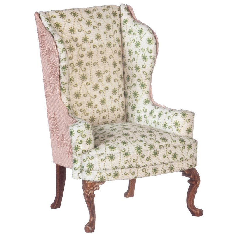 Dolls House Wing Back Armchair Green Floral JBM Walnut Living Room Furniture