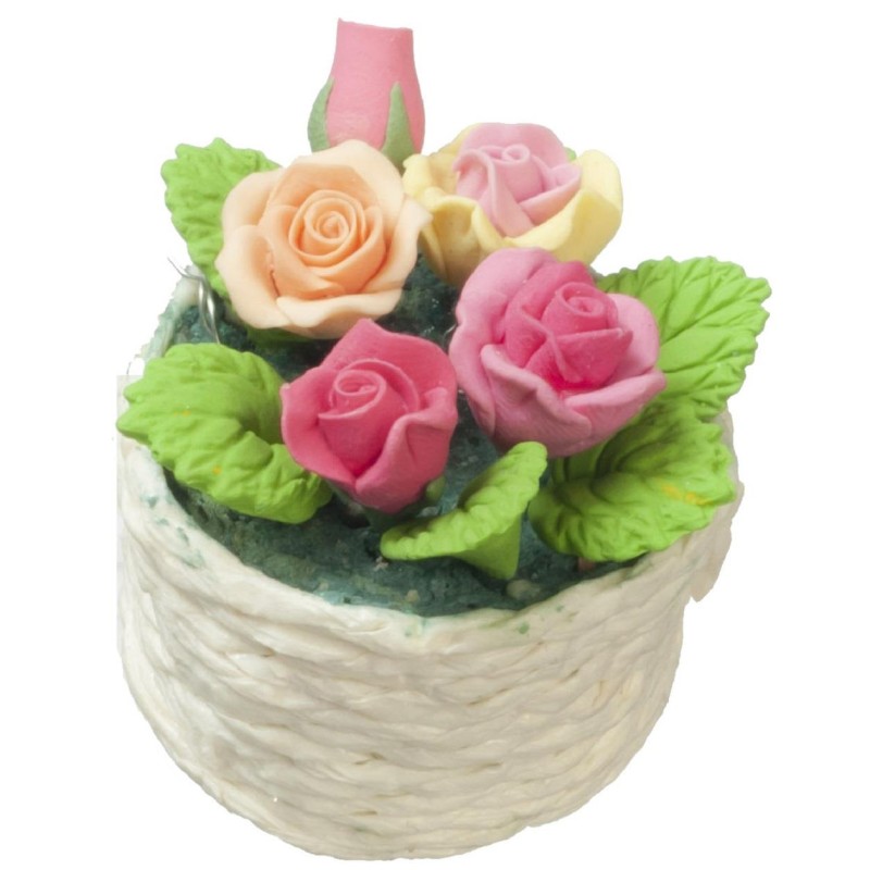 Dolls House Roses Flower Floral White Display Basket 1:12 Home Garden Accessory
