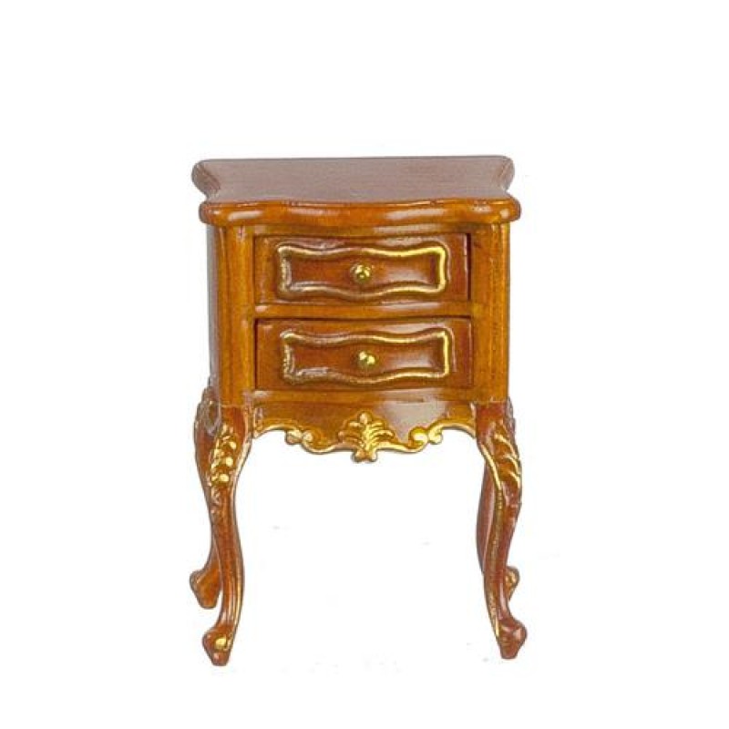 Dolls House Victorian Bedside Cabinet Walnut w Gold Trim JBM Bedroom Furniture