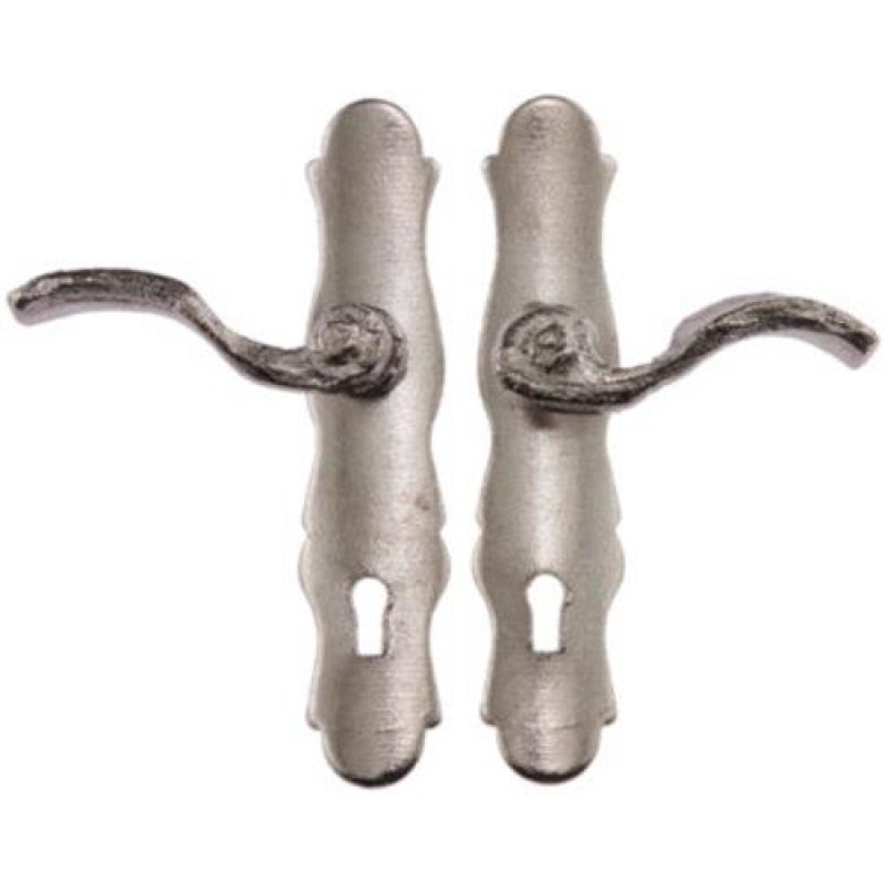 Dolls House French Door Hadles w Keyhole on Backplate Nickel Miniature Hardware