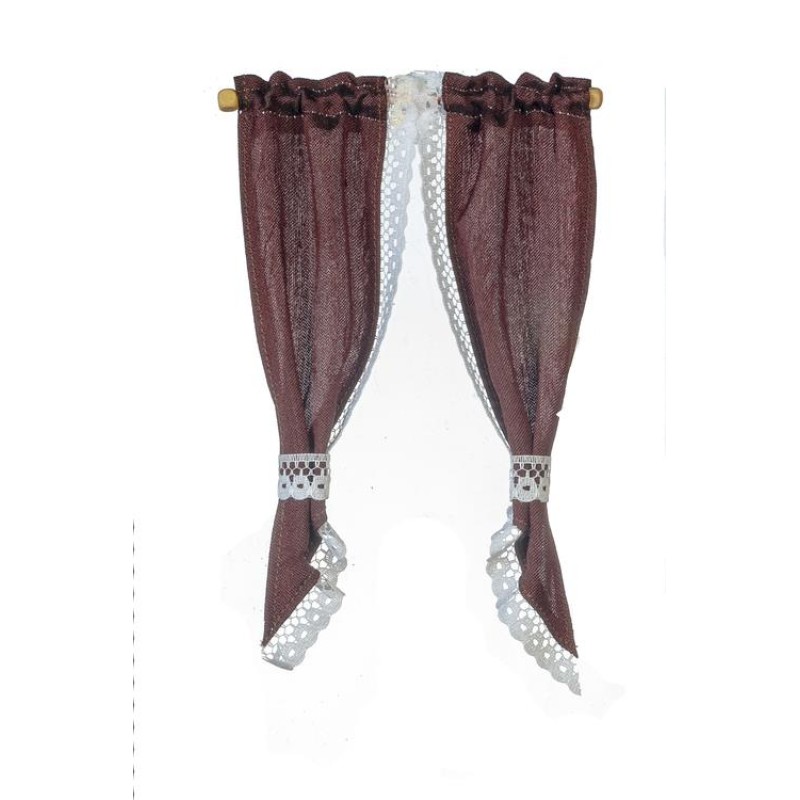 Dolls House Curtains Burgundy Lace Trim Demi Tie Back Miniature Window Accessory Dolls House Curtains Burgundy Lace Trim Demi Tie Back Miniature Window Accessory