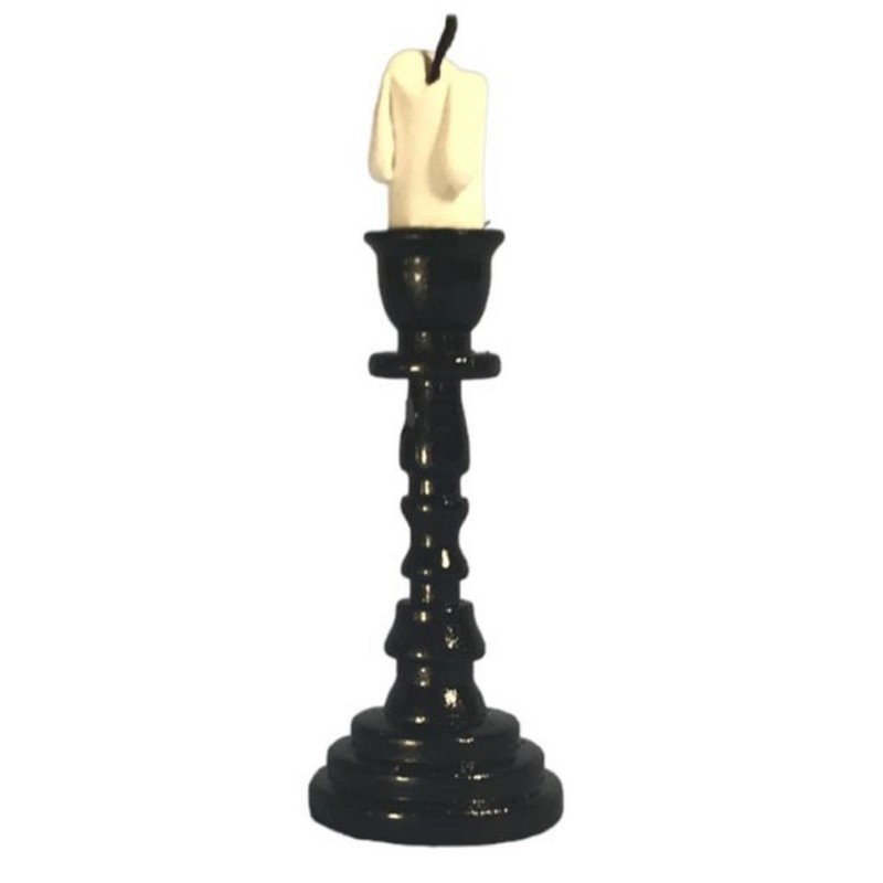 Dolls House Black Candlestick & Pillar Candle Modern Ornament Church Accessory