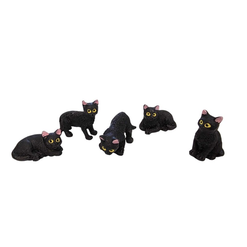 Dolls House 5 Black Cats Sitting Standing Lying 1:12 Pets Halloween Accessory