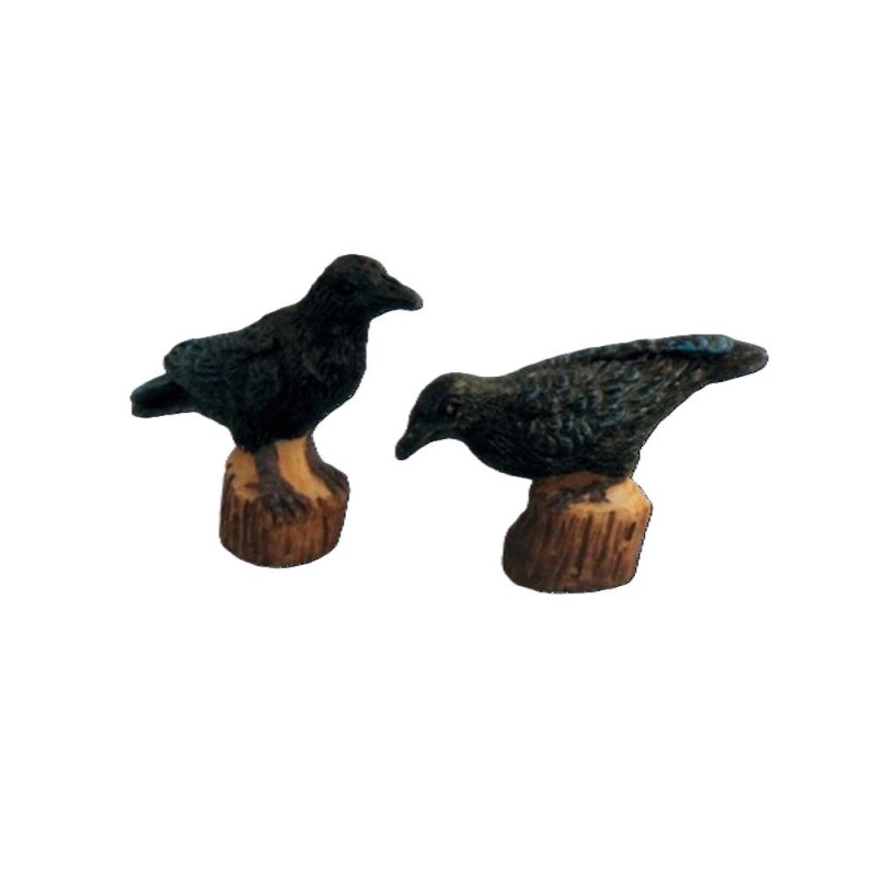 Dolls House Crows Perched on Logs Black Garden Birds Witch Halloween Accessory