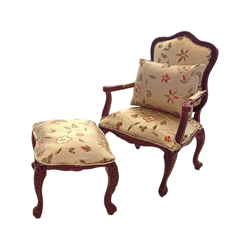 Dolls House Armchair & Footstool Mahogany & Gold Victorian Living Room Furniture