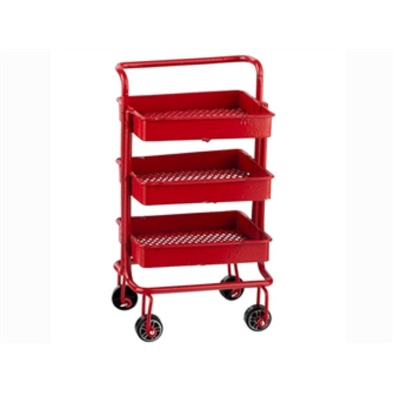 Dolls House Utility Cart Storage Trolley 3 Tier Rolling Organiser Red Shelf Rack