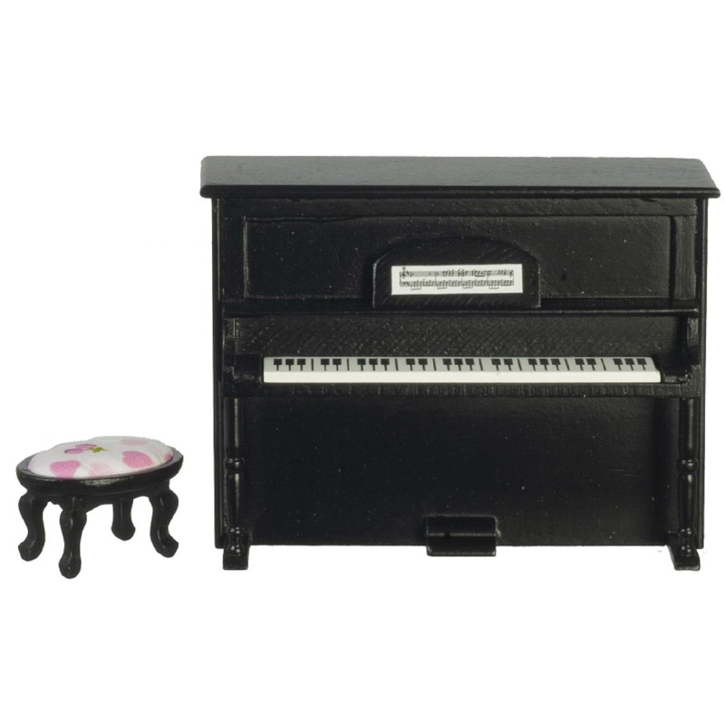 Dolls House Black Upright Piano & Floral Bench Miniature Music Room Furniture