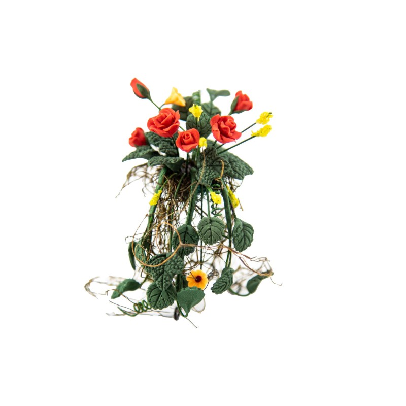 Dolls House Red Trailing Flowers on Fancy Black Wire Stand 1:12 Garden Accessory