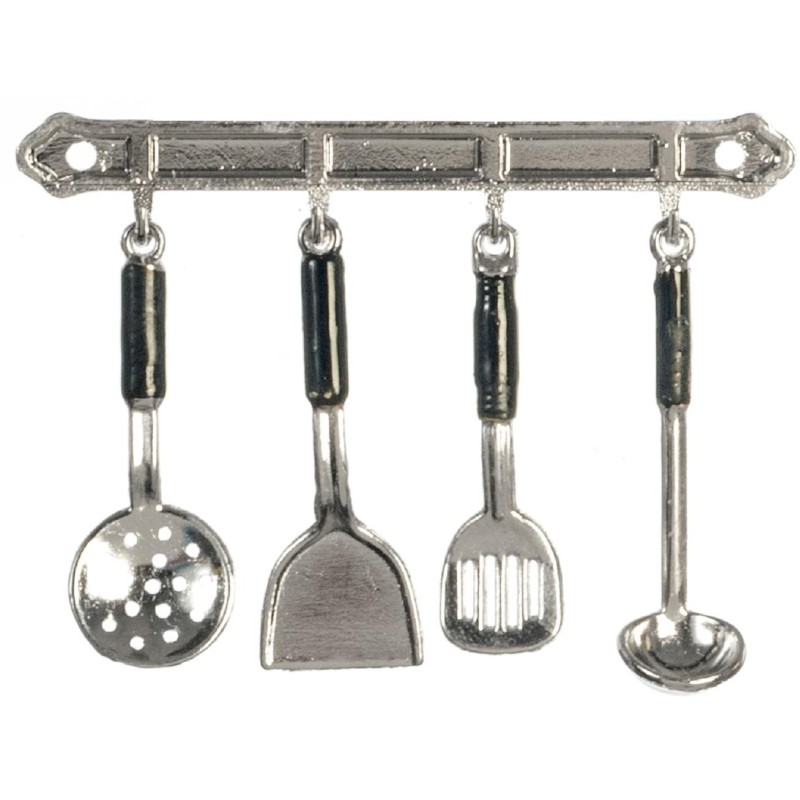 Dolls House Silver Hanging Utensils and Rack Miniature Kitchen Accessory 1:12
