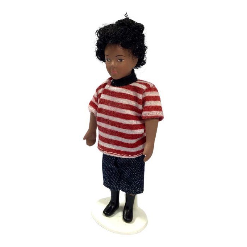 Dolls House Boy in Red Striped Top & Jeans Modern 1:12 Porcelain Doll People