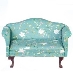 Dolls House Sofa Mahogany & Turquoise Floral Queen Ann Living Room Furniture