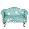 Dolls House Sofa Mahogany & Turquoise Floral Queen Ann Living Room Furniture