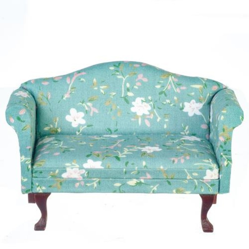 Dolls House Sofa Mahogany & Turquoise Floral Queen Ann Living Room Furniture