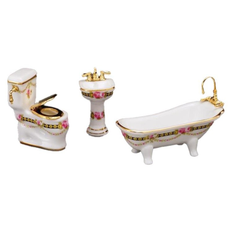 Dolls House Rose Bathroom Suite Reutter Porcelain Half Inch 1:24 Furniture Set