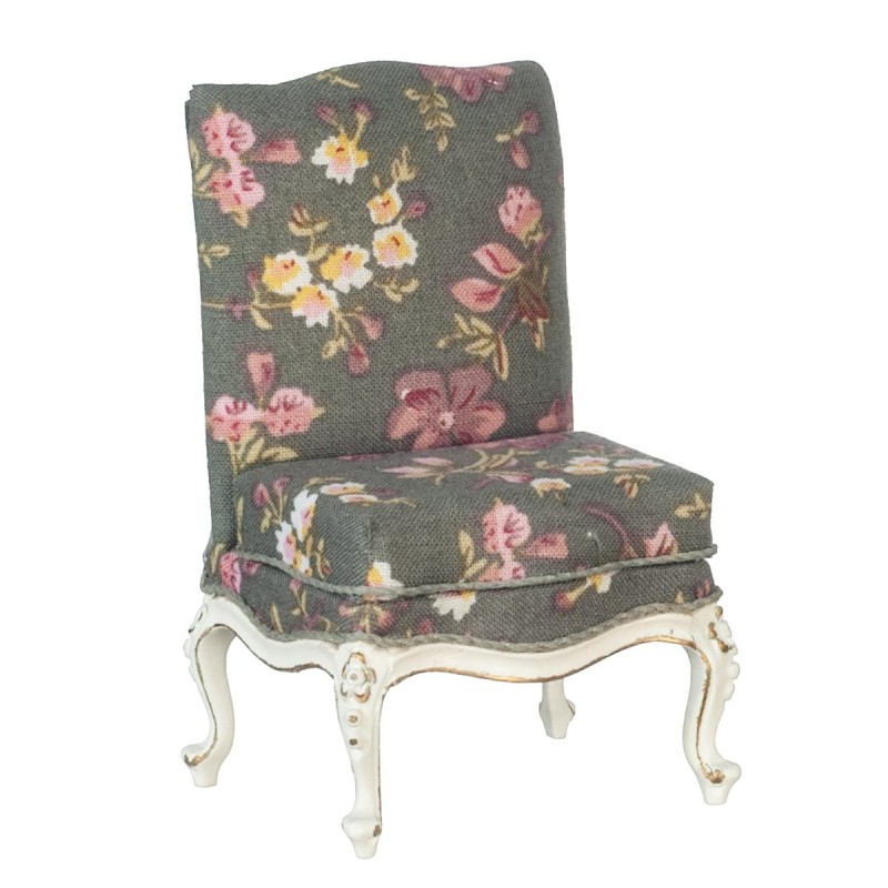 Dolls House Slipper Chair Grey Floral JBM Hand Painted White Accent Furniture