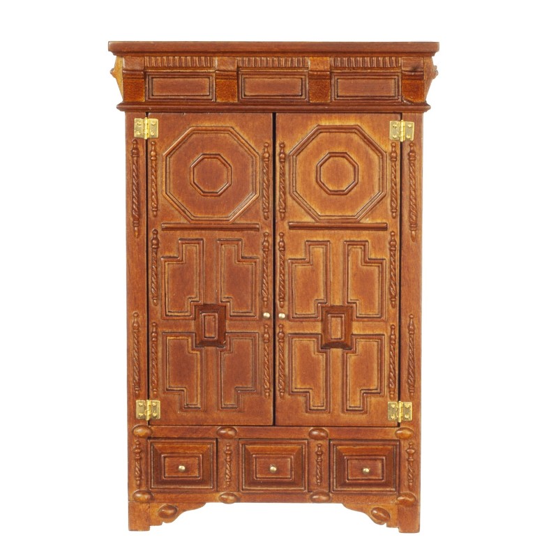 Dolls House Tudor Armoire Wardrobe Cupboard JBM Walnut Miniature Furniture 1:12